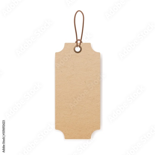 Craft blank price tag hanging on cord. Kraft cardboard price label on string. Eco brown paper badge mockup for gift, product. Realistic vector graphic illustration isolated on white background