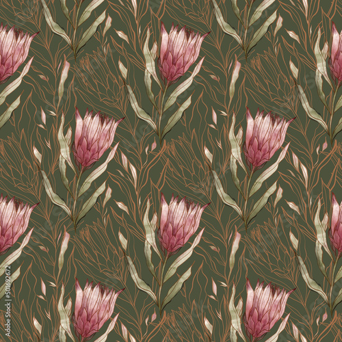 Watercolor branch flower tropical protea seamless pattern. Print for texile, fabric, stationery, cover, packaging, wallpaper
