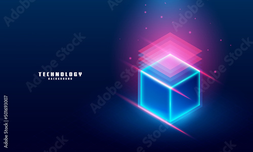 Vector realistic 3d cubes with blue glowing on dark blue background.
