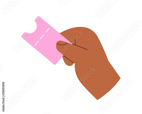 Hand holding promo gift coupon icon. Arm with abstract paper ticket. Sale discount promotion card for shopping, entertainment event. Flat vector illustration isolated on white background