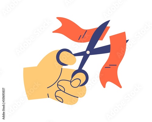Hand cutting red ribbon with scissors icon. Festive ceremony with traditional tape, opening new event. Starting, launching project concept. Flat vector illustration isolated on white background