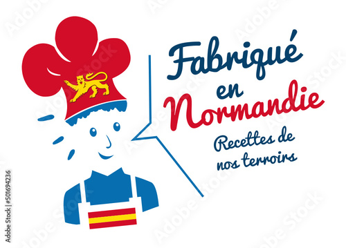 Logo fabriqué en Normandie, chef avec toque, recettes de cuisine de notre terroir.