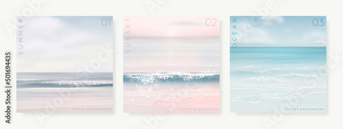 Set of vector landscape background. Beautiful illustration of sandy summer beach. Summer holidays poster or banner design template