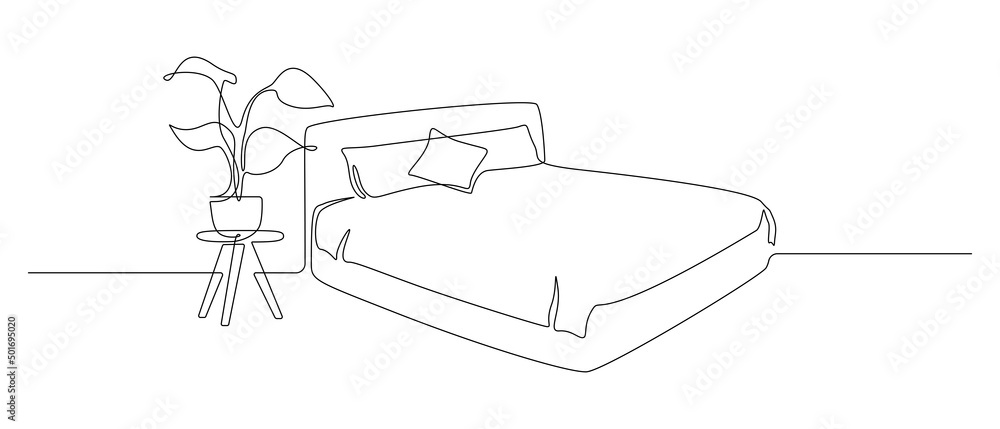 Continuous one line drawing of double bed with pillows and blanket and house plant. Modern furniture for stylish bedroom in simple linear style. Editable stroke. Doodle vector illustration