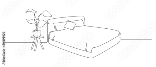 Continuous one line drawing of double bed with pillows and blanket and house plant. Modern furniture for stylish bedroom in simple linear style. Editable stroke. Doodle vector illustration