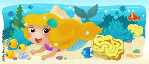 Cartoon ocean mermaid swimming with fishes