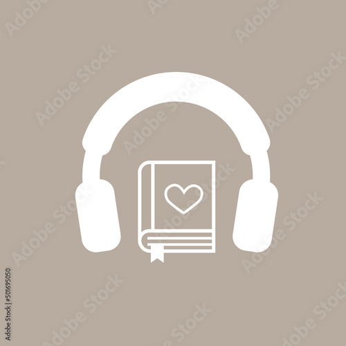 Book with bookmark and heart and wireless headphones on beige background. Audio book concept. Vector illustration.