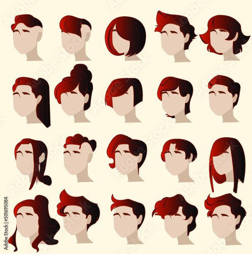 Hairstyles for characters. Red hair. Hairstyle set photo