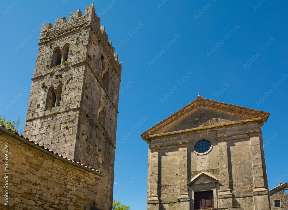 The belltower and Parish Church of the Assumption of Mary in the medieval village of Hum in Istria, Croatia, often referred to as the smallest town in the world
