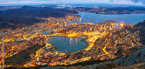 Aerial view of Bergen city at dusk, Norway
