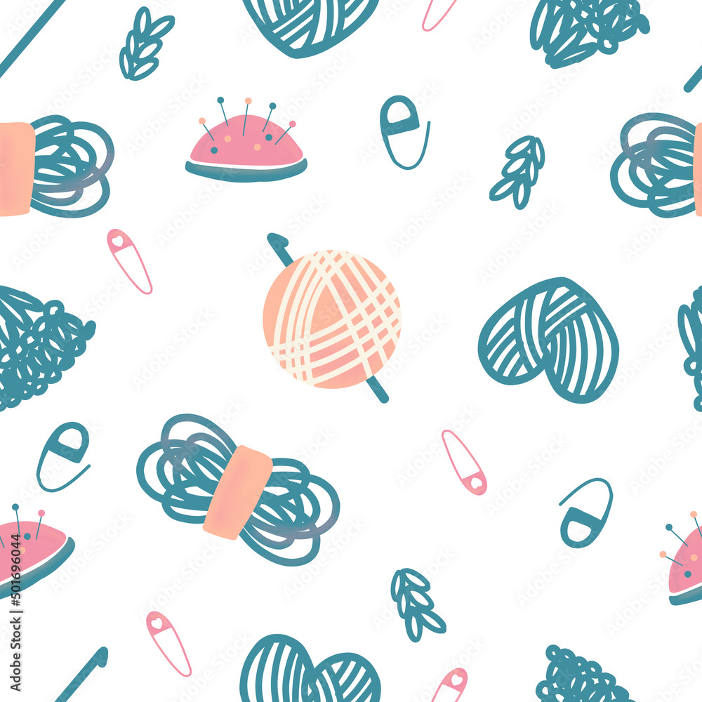 Seamless pattern, crochet and knitting, can be used for textile printing, fabric, wallpaper, digital paper, backround, in scrapbooking projects, handmade