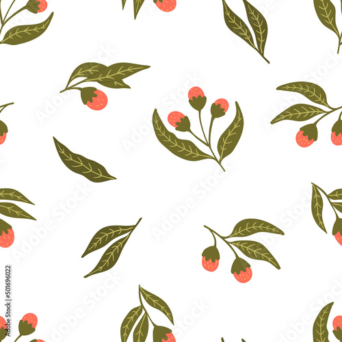 Modern tribal boho patterned Oriental motif branches with flowers and berries in folk style inspired by northern mythology and fairy tales seamless pattern. Vector flat cartoon texture background.