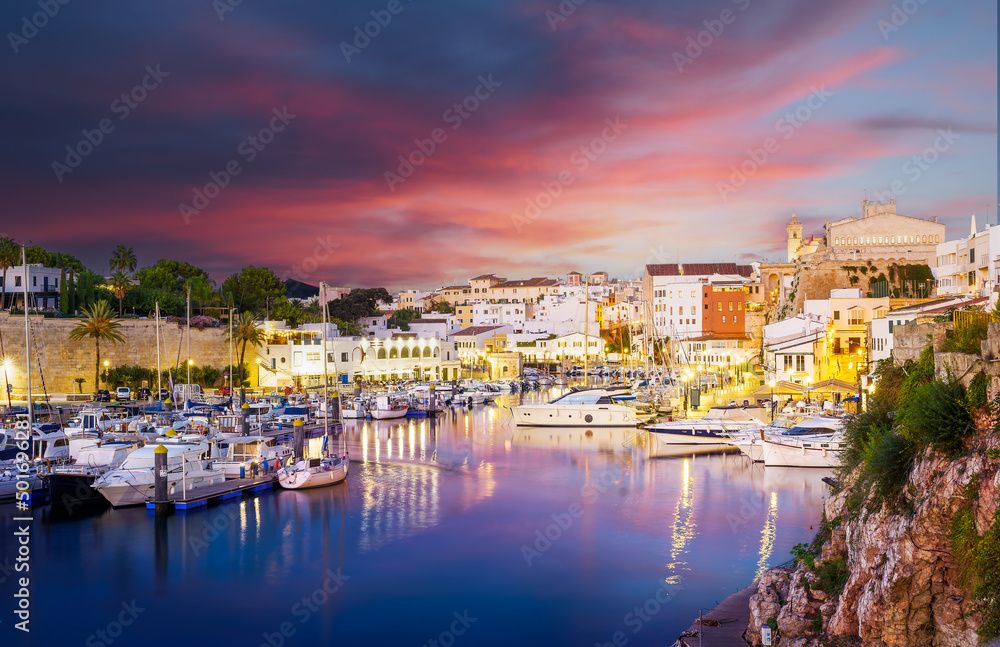 Landscape with Ciutadella de Menorca at twilight time, Minorca island, Spain
