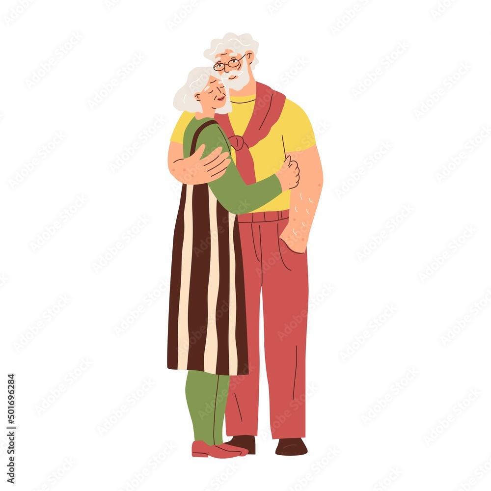 Hugging people. European, elderly couple. Feeling love and positive emotions. Married people. Warm relations between man and woman. Valentine day. Vector illustration.