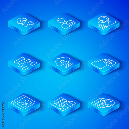 Set line Broken file, Cloud computing lock, Server, Data, Web Hosting, Folder and, Network cloud connection, Hierarchy organogram chart, hacking and icon. Vector