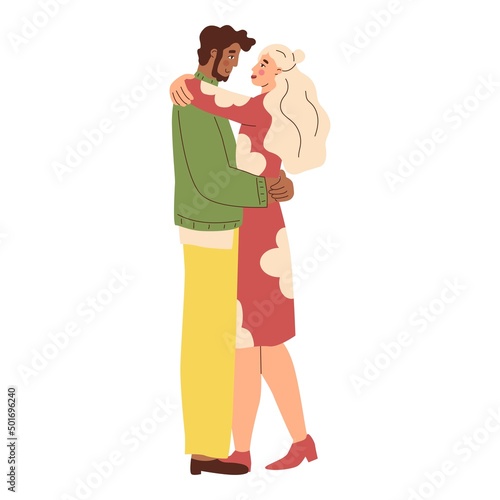 The guy hugs the girl. Protecting a loved one. Hugging, love, relationship. A couple of lovers. Warm relations between people. Love for your neighbor. Vector illustration in flat style. Isolated © Larisa Vladimirova