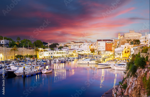 Fotobehang Landscape with Ciutadella de Menorca at twilight time, Minorca island, Spain