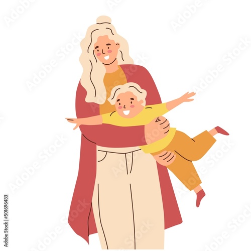 Mom and son. Mather hold his child. Parent plays with kid. Happy family. The upbringing and care of children. Flat style in vector illustration. Isolated persons.