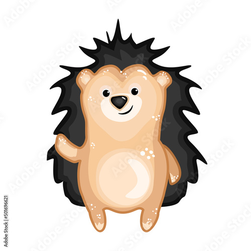 Hedgehog isolated on white background. Cute little hedgehog icon. Adorable urchin cartoon character. Lovely urchin with black spines smiling and waving hand. Forest animal symbol. Vector illustration