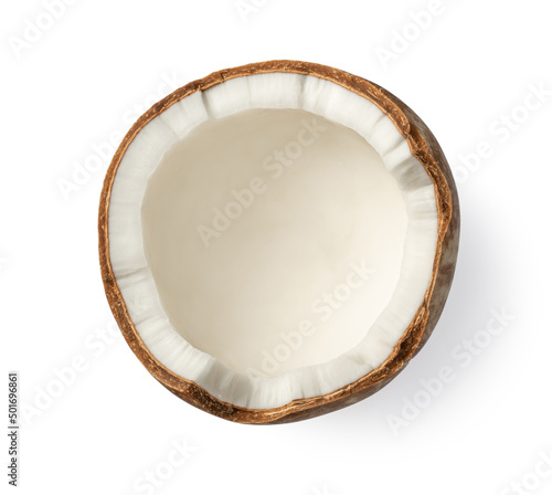 Fresh coconut meat isolated on white background, top view.
