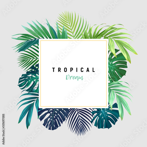 Fotobehang Summer tropical background with exotic palm leaves and hibiscus flowers