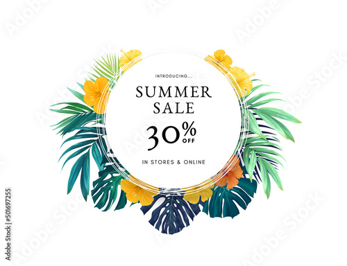 Summer tropical background with exotic palm leaves and hibiscus flowers. Vector floral background.