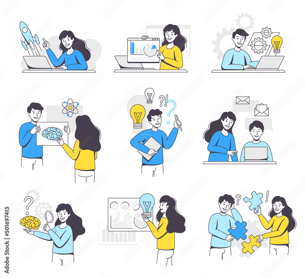 Business Project with People Character Working with Startup Outline Vector Illustration Set Business Project with People Character Working with Startup Outline Vector Illustration Set
