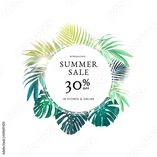 Summer tropical background with exotic palm leaves and hibiscus flowers. Vector floral background.
