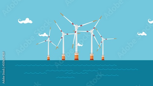 Wind turbines in the sea, horizontal axis windmill in the sea off the coast, offshore wind farm, sustainable renewable energy, HD video animation footage photo