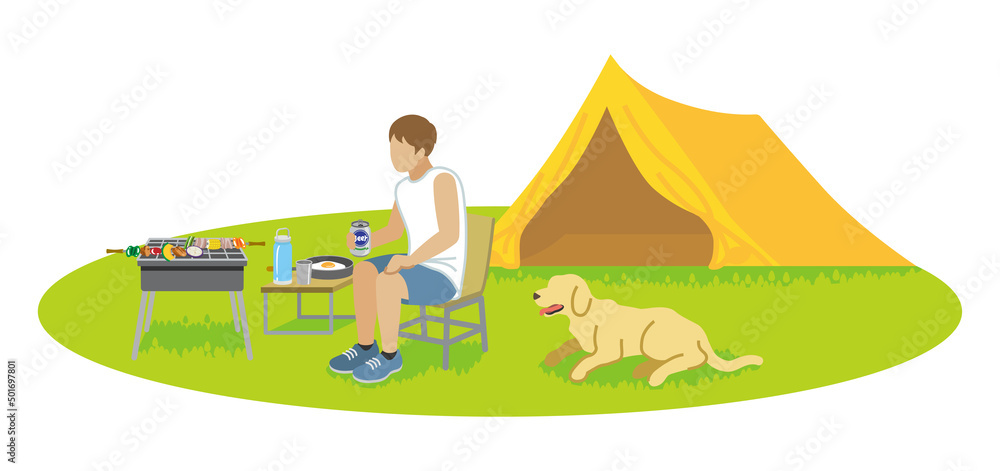 Fototapeta premium Man enjoying camp with a dog - Summer