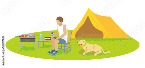 Man enjoying camp with a dog - Summer