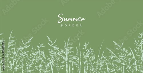 Summer grass border. Seamless pattern with hand drawn wild meadow grasses, silhouettes of herbs and flowers on a green background. Vector illustration