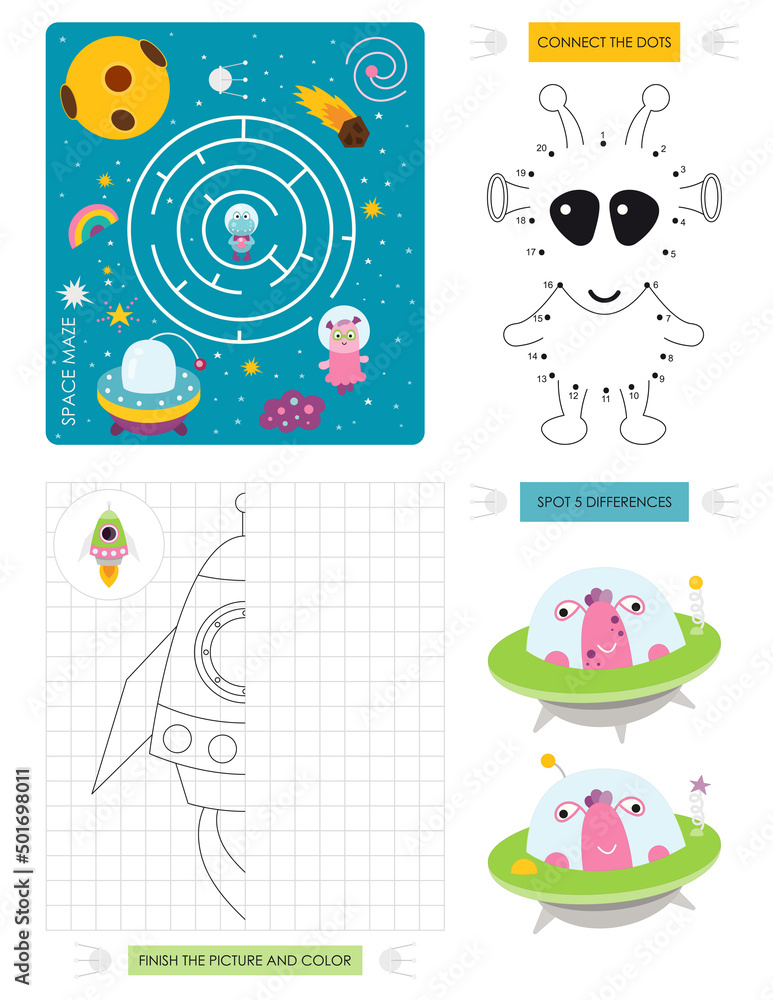 Space Activity pages for kids. Printable activity sheet with mini games – Maze game, Dot to dot, Finish the Picture, Spot differences. Vector illustration. Cute Aliens. Space Activity pages for kids. Printable activity sheet with mini games – Maze game, Dot to dot, Finish the Picture, Spot differences. Vector illustration. Cute Aliens.