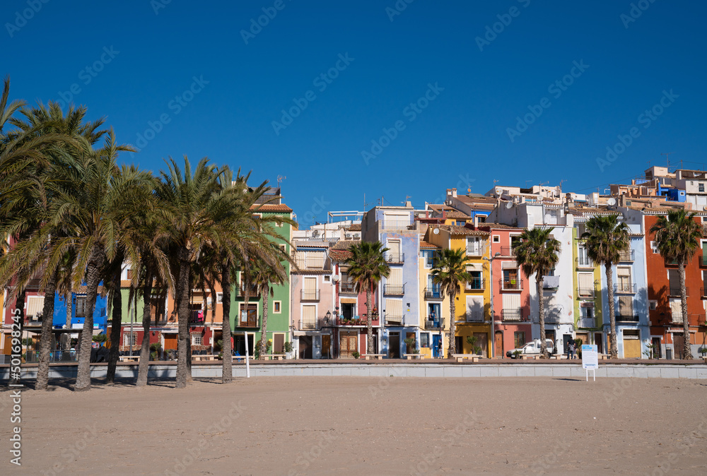 Villajoyosa Spain beautiful town with colourful houses and palm trees Costa Blanca Alicante
