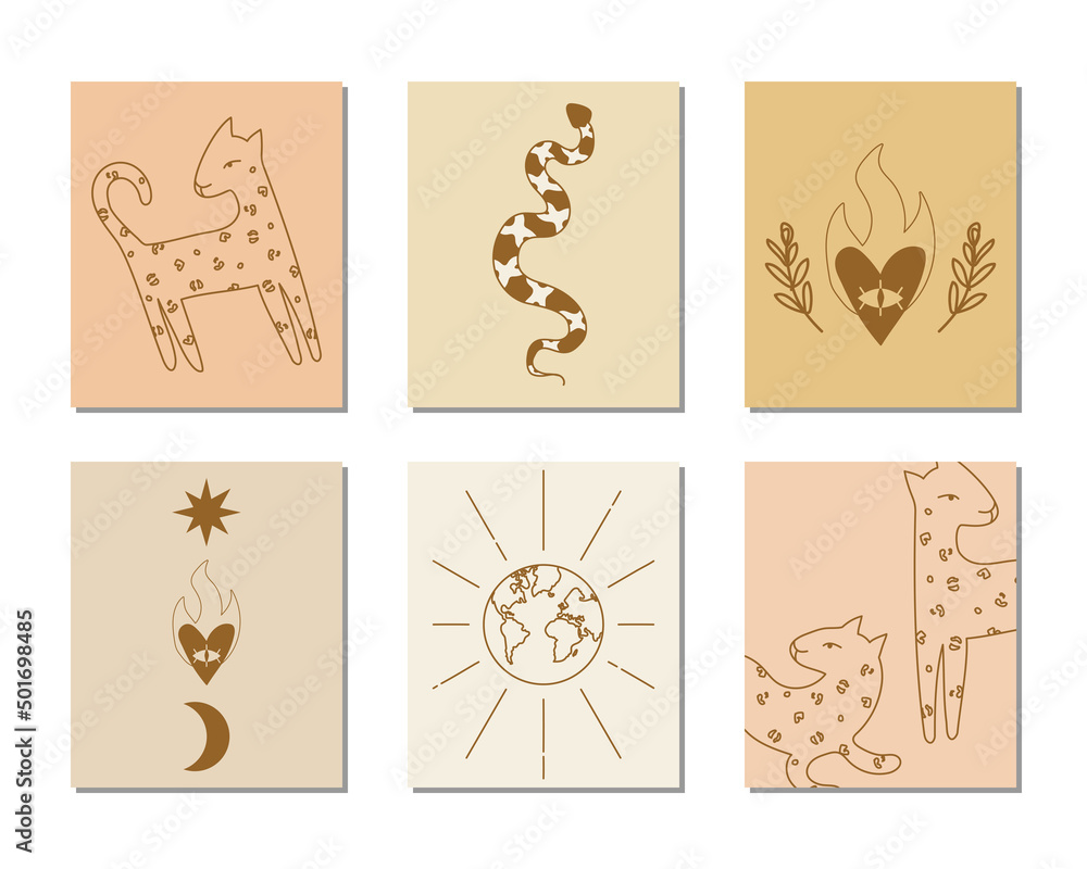 Set of hand drawn witchcraft items and mythical elements in boho, aztec style. Modern, trendy colors, minimalism art. Set of hand drawn witchcraft items and mythical elements in boho, aztec style. Modern, trendy colors, minimalism art.