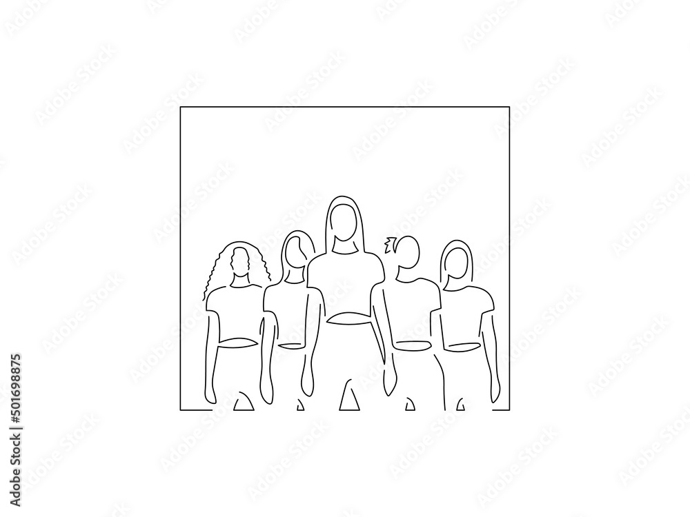 Young fashion models in line art drawing style. Composition of a group of beautiful women posing. Black linear sketch isolated on white background. Vector illustration design. Young fashion models in line art drawing style. Composition of a group of beautiful women posing. Black linear sketch isolated on white background. Vector illustration design.