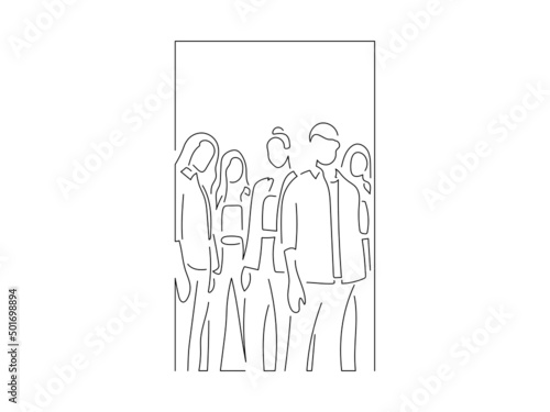 Young fashion models in line art drawing style. Composition of a group of beautiful women posing. Black linear sketch isolated on white background. Vector illustration design.