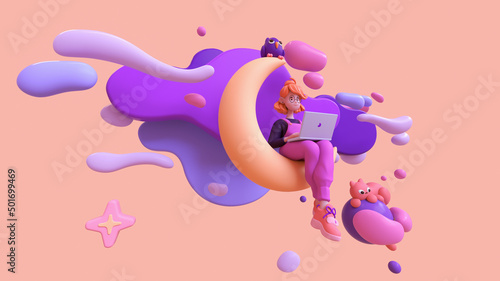Red-haired happy female writer in glasses, pink overalls uses laptop for work sits on yellow moon late at night in space with floating blue purple clouds stars, cat, an owl. 3d render in minimal style