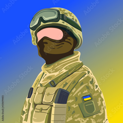 ukraine flag and soldier victory. 6th of December Ukrainian army day, special forces soldier. Young man in an army soldier's suit. Vector illustration. "stay with Ukraine" concept. Support for Ukraine