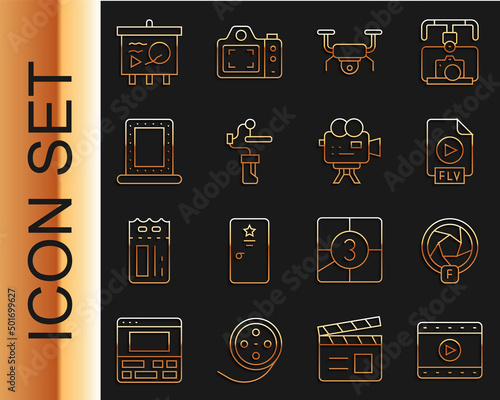 Set line Play Video, Camera shutter, FLV file document, Drone flying, Gimbal stabilizer for camera, Makeup mirror with lights, Scenario chalkboard and Retro cinema icon. Vector