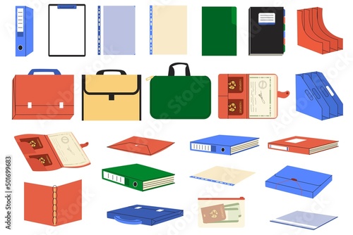 Set with Office tools. Stationery for working with documents. Folders, files, bags, storage systems. Front or isometry view. Clip art isolated elements. Flat style in vector illustration.