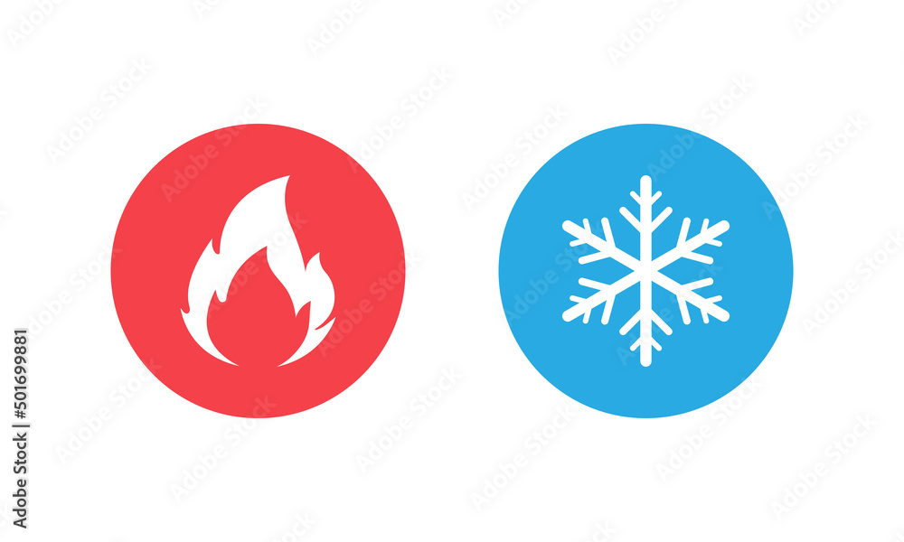 Hot and cold vector icon set isolated on white background. Fire and snowflake symbols in round buttons. Vector EPS 10