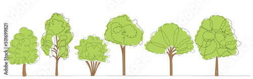 trees drawing by one continuous line, sketch
