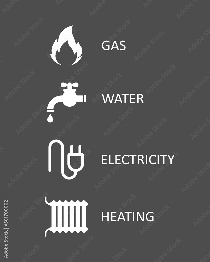 Public utility icon vector set isolated on white background. Symbols of fire water electric and heating. Vector EPS 10 Public utility icon vector set isolated on white background. Symbols of fire water electric and heating. Vector EPS 10