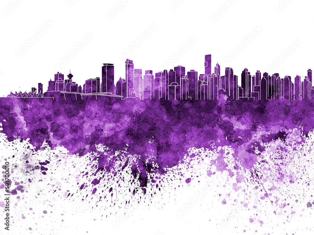Vancouver skyline in purple watercolor on white background
