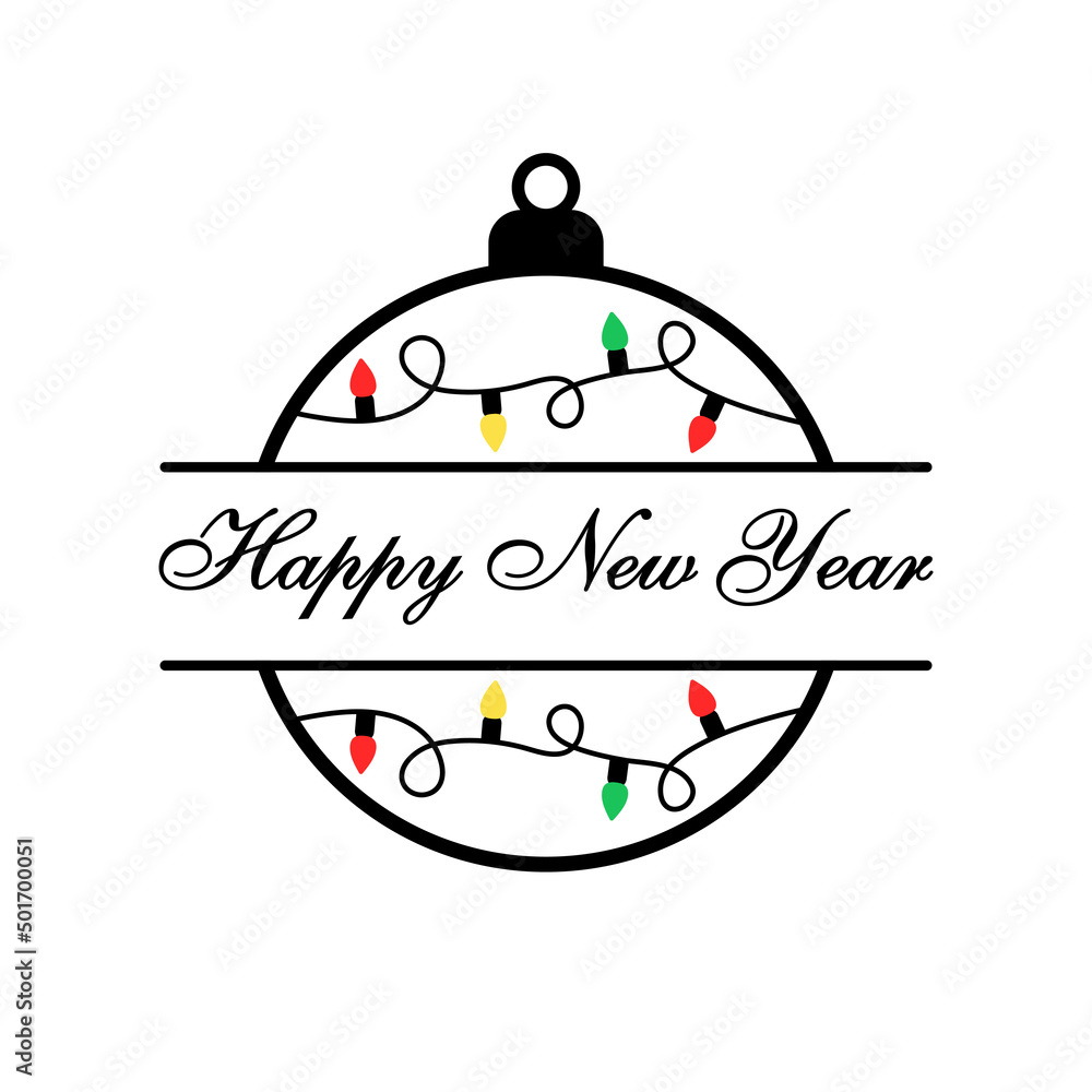 Obraz premium Happy New Year logo template in the form of christmas ball and christmas lights. Vector illustration EPS 10