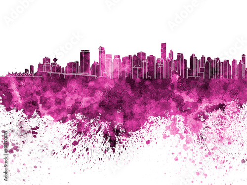 Vancouver skyline in pink watercolor on white background