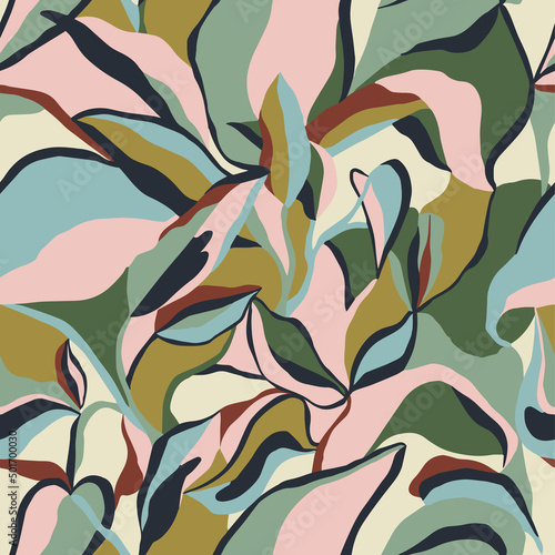 Vector abstract leaf and modern shapes drawing illustration seamless repeat pattern fashion and home decor print fabric digital artwork