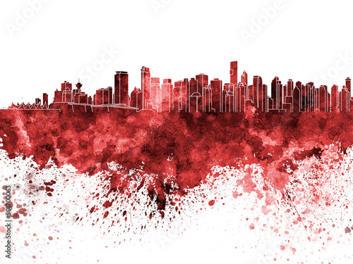 Vancouver skyline in red watercolor on white background