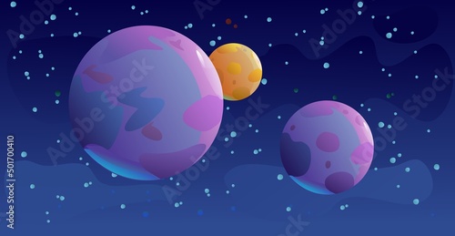 Satellite planets in space. Beautiful scenery. Cartoon flat style design. Starry sky. Vector